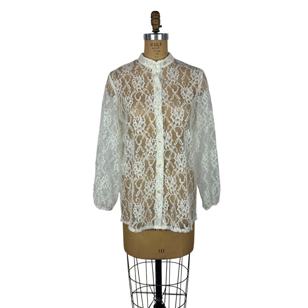 Blair Lace Blouse Womens Medium Sheer Cream Long Sleeve Button Down Shirt - Picture 2 of 10